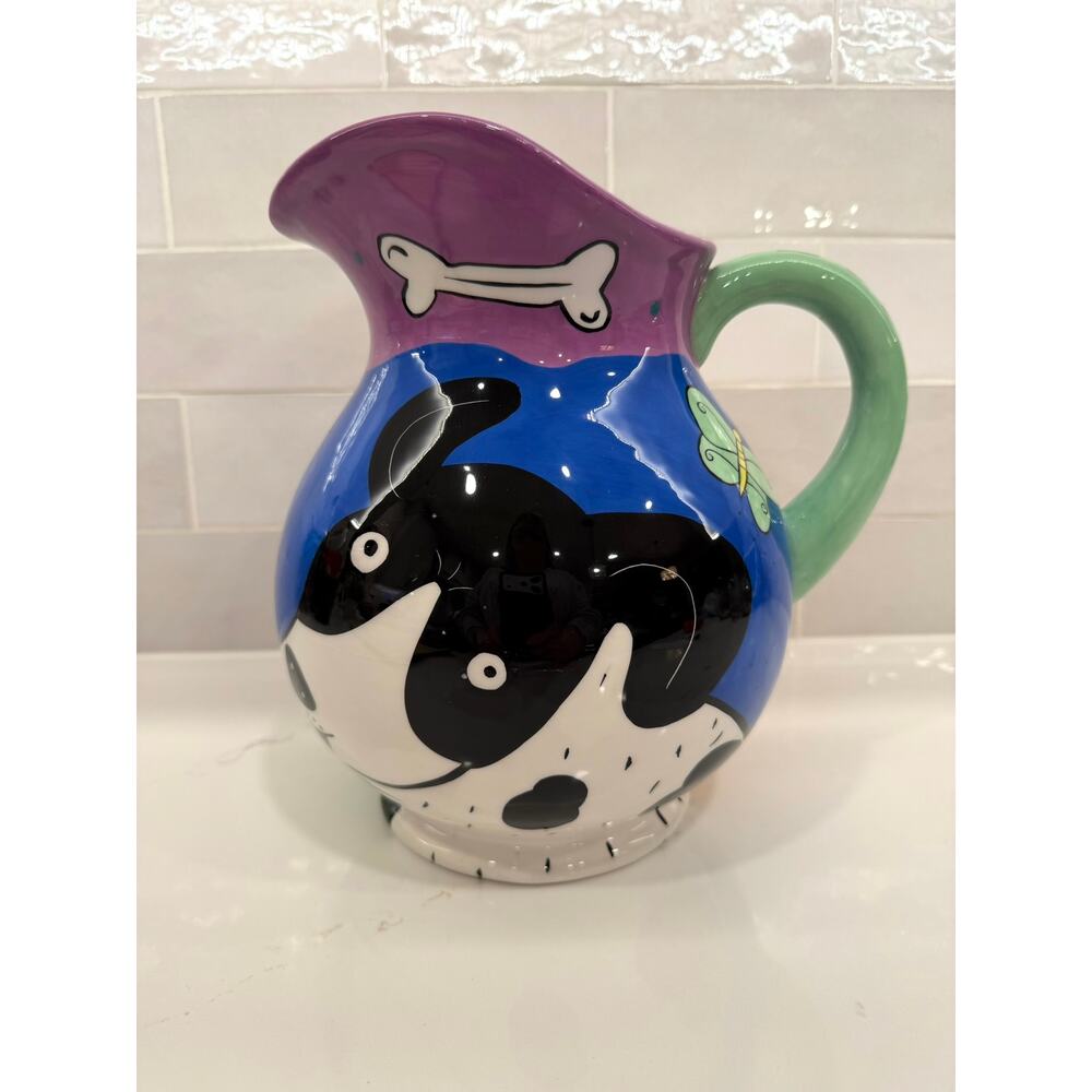 Happy Dog &‎ Cat by Karen Gelff Dog Pitcher Handpainted